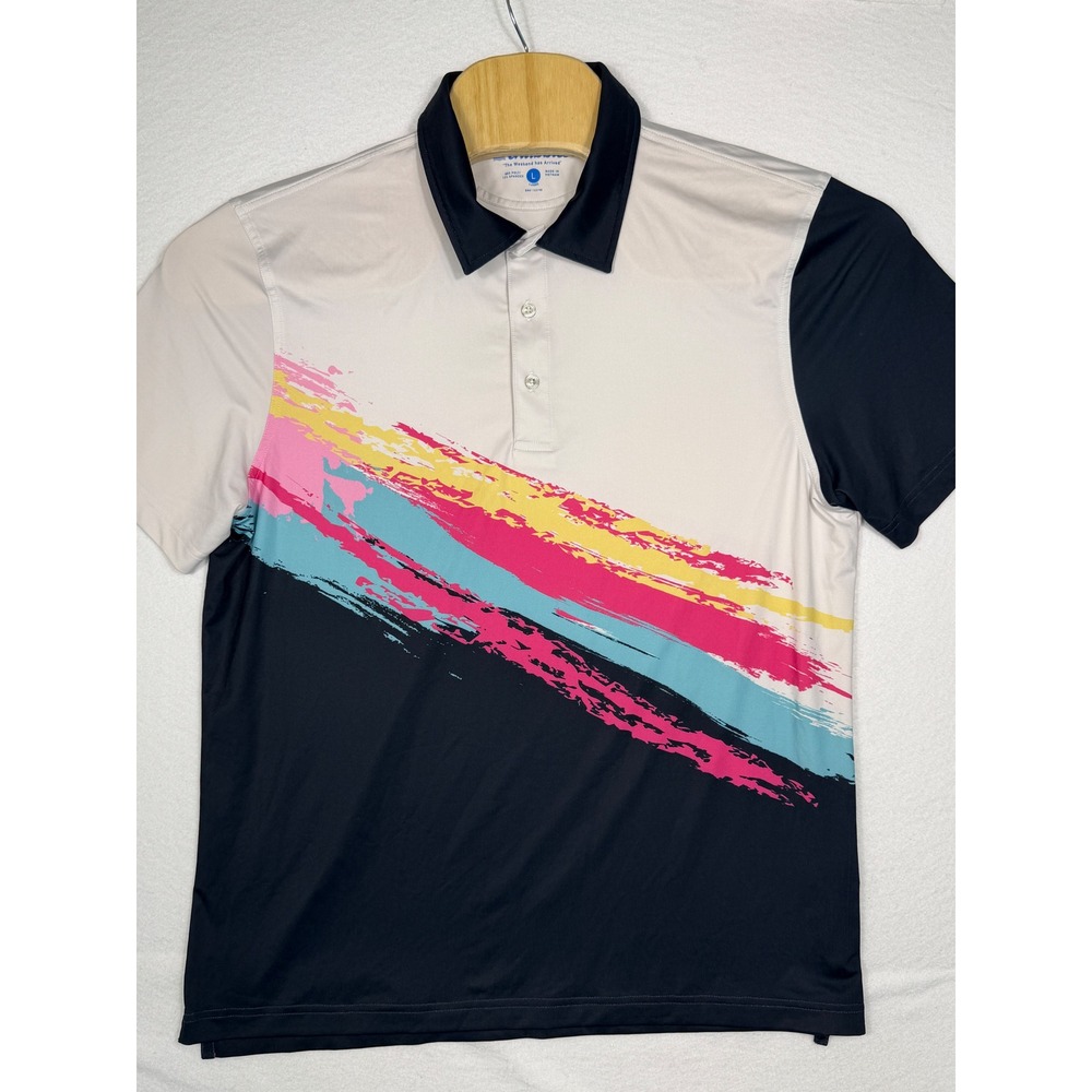 Chubbies Polo Shirt Mens LG White Navy Pink Yellow 80s tennis champ Performance